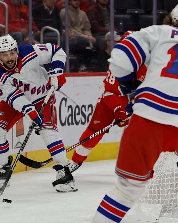 Nov 10, 2022; Detroit, Michigan, USA; New York Rangers left wing Artemi Panarin (10) skates with the puck in the first period against the Detroit Red Wings at Little Caesars Arena. Mandatory Credit: Rick Osentoski-USA TODAY Sports